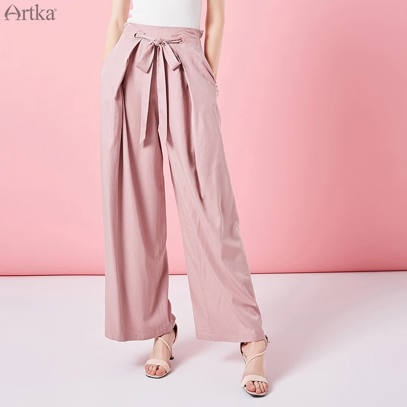 

ARTKA 2019 Spring New High Waist Wide Leg Pants For Women Solid Color Casual Fashion Sashes Long Pants Female Trousers KA10292C