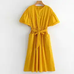 Лето 2018 Для женщин Сплошной Цвет желтый-line длинное платье с круглым вырезом короткий рукав большие карманы с Платье с поясом Vestido