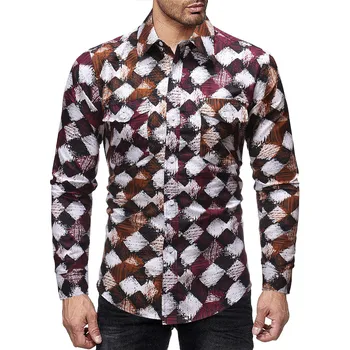 

Fashion Men Shirt Long Sleeve Slim Shirt Top Printed Shirt Turn-down Collar Button Pullover Mens Clothing Chemise Homme