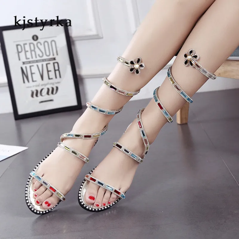 

Kjstyrka shoes woman luxury colorful Rhinestone pearls fashion summer women sandals dress open toe ankle strap sandalias mujer