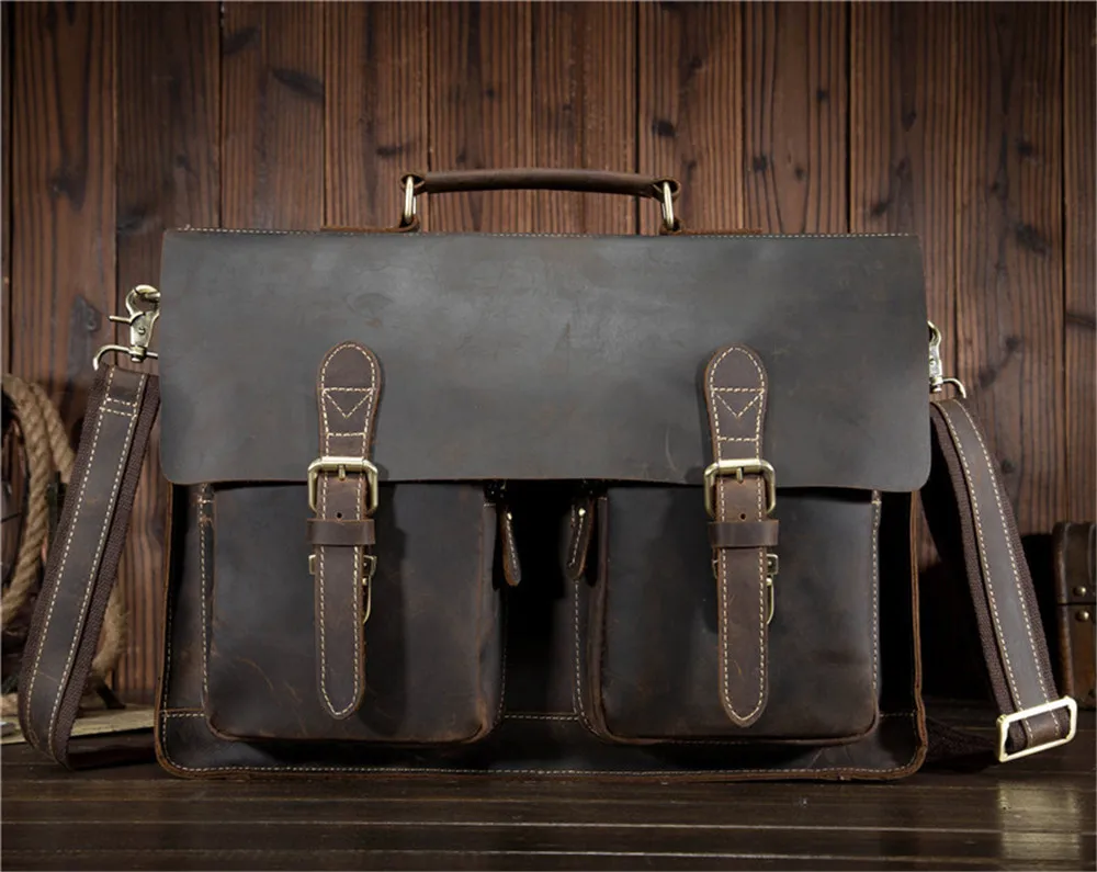 Для мужчин Натуральная кожаный деловой портфель Для мужчин Crazy Horse 15,6 дюйма ручка ноутбука ручной Портфель мужской сумка на плечо