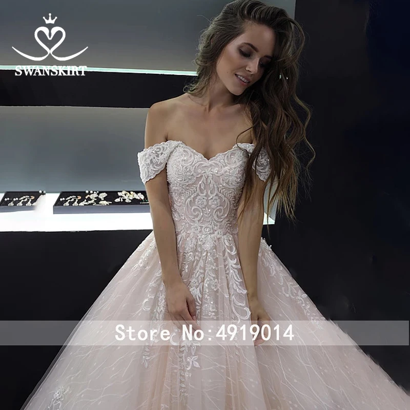 Модное свадебное платье, расшитое бисером, Vestido de novia,, Swanskirt, с открытыми плечами, с аппликацией, бальное платье, свадебное платье с часовней и шлейфом, HZ03