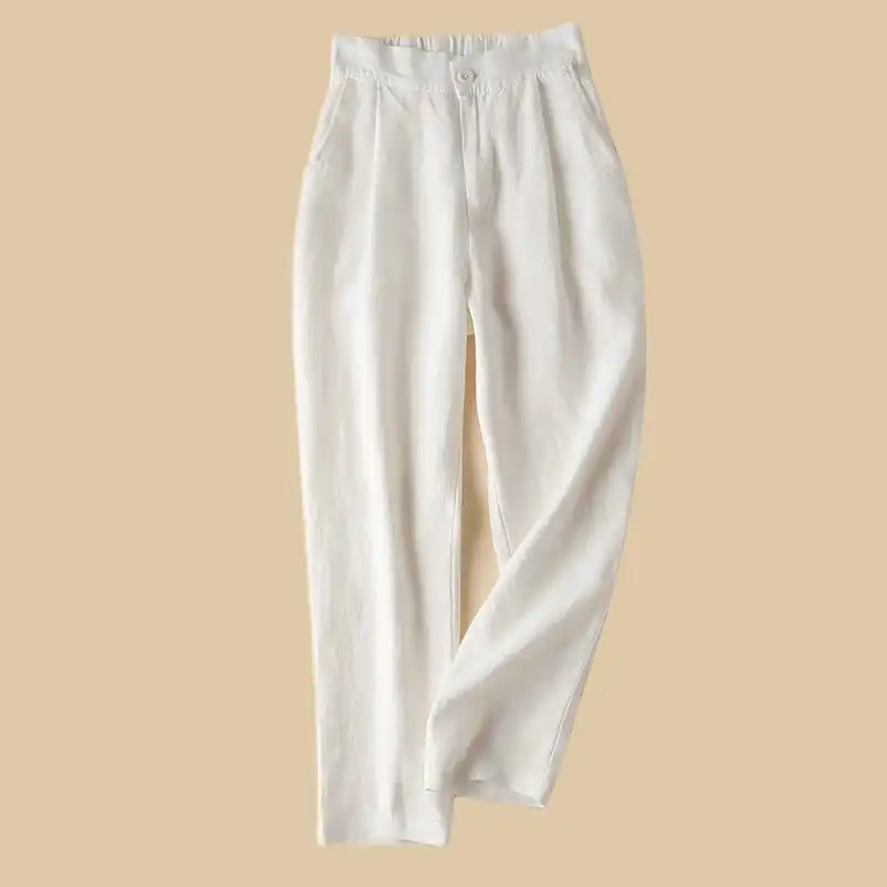 White high waisted linen trousers Clearance