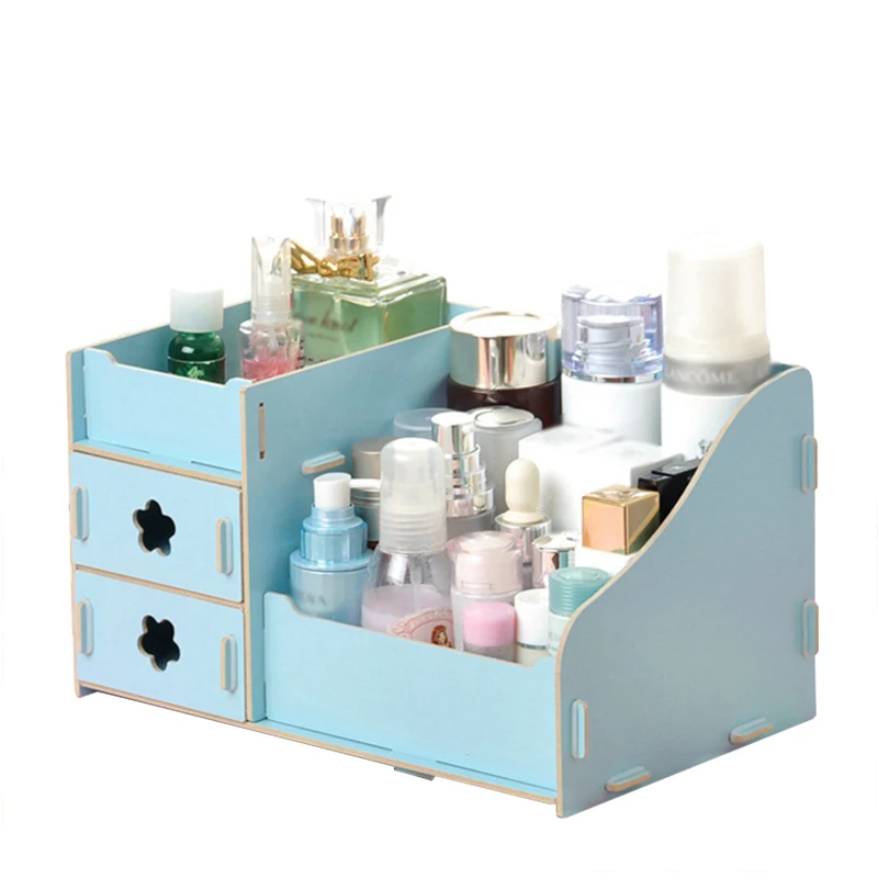 Wooden 3 layers Drawer type Cosmetics storage box blue |