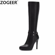 Качественные сапоги до колена; Женская Классическая обувь; коллекция года; Сезон Зима; новые модные женские сапоги на высоком каблуке из искусственной кожи; Черная Женская обувь на молнии
