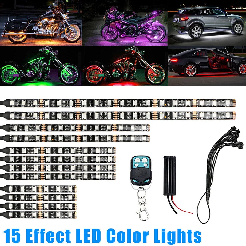 12 шт. мотоцикл светодиодный неоновый полосы лампы RGB Голосовое управление сверкающие светильники 5050SMD гибкий неоновый комплект тестовых полосок беспроводной пульт дистанционного водонепроницаемый