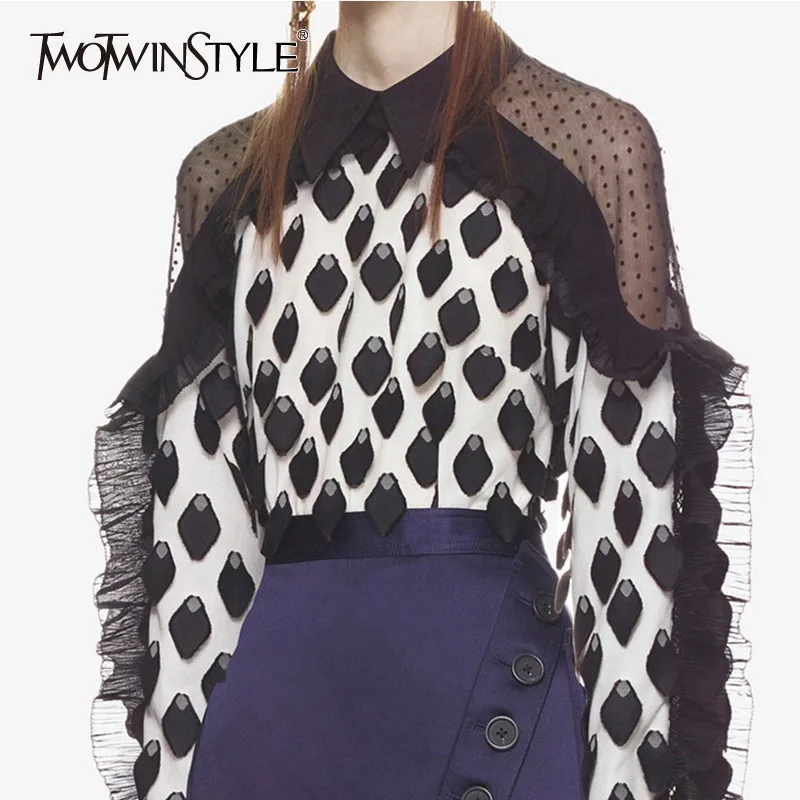 

TWOTWINSTYLE Patchwork Mesh Women's Suits Two Piece Set Polka Dot Perspective Chiffon Blouse High Waist Mini Skirts Fashion Tide