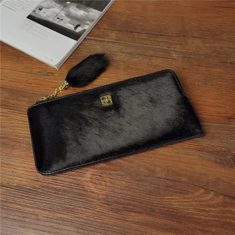 

European and American horse hair simple leather wallet female long section Korean version of the leather zipper thin section tas