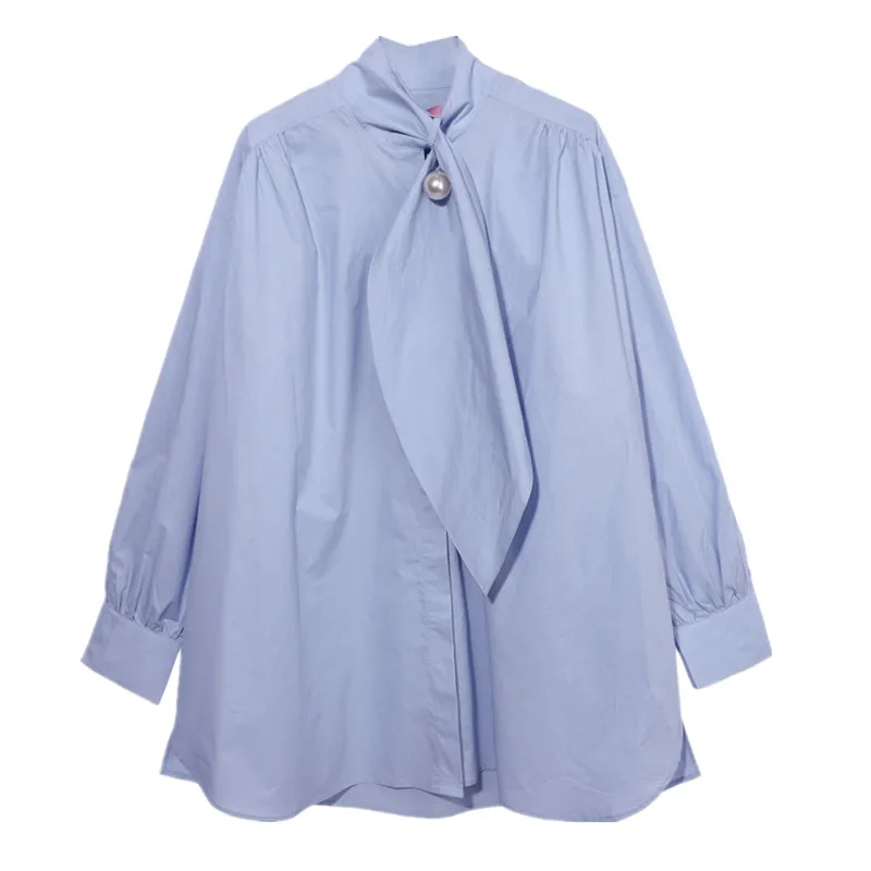 Women Fashion Bow Tie Shirts Personality Casual Simple Loose Scarf Bow Tie Pearl Decoration Shirt 2018 Autumn New Virgin Killer Blouses