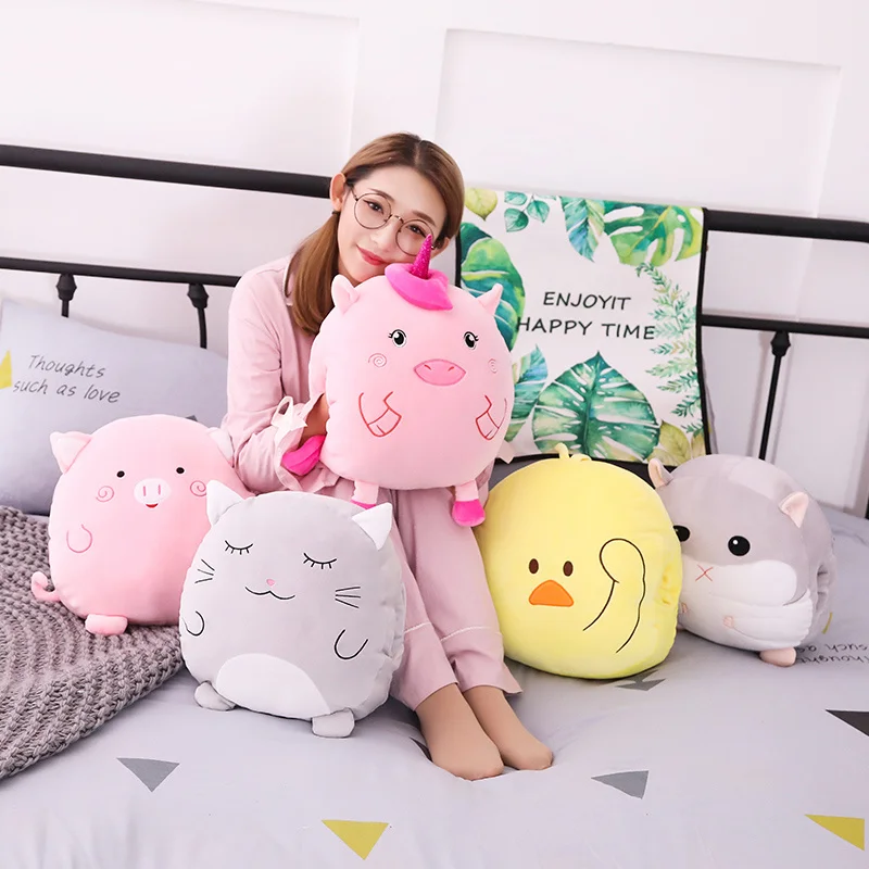

1pc Cartoon Animals Unicorn Duck Hamster Pig Cat Plush Pillow Soft Stuffed Hand Warmer with Blanket Lovely Xmas Gift for Girls
