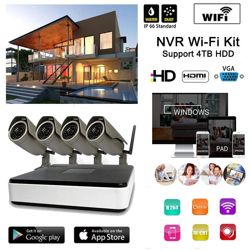 

Wireless WIFI Security Network IP Infrared Camera System 4CH 1.0MP 720P NVR KIT for Home and Office