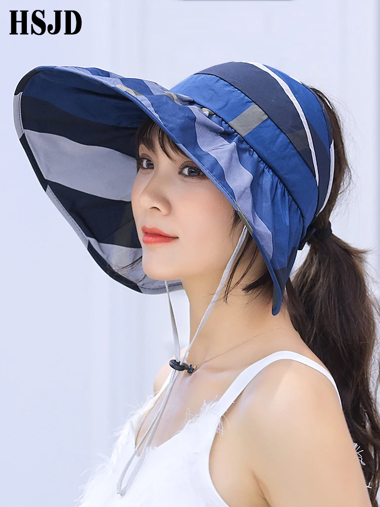 

2019 Women Summer Plaid Visor Empty Top Sun Hat Large Wide Brim Anti-UV Beach Hat Leisure Foldable Lattice Female Sunscreen Cap