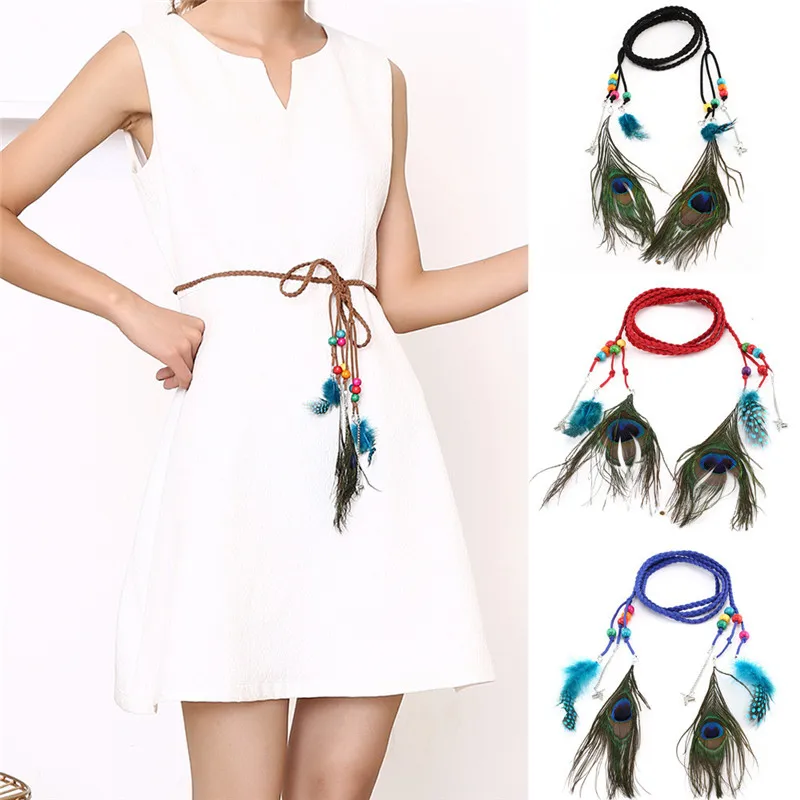 Women Bohemian Belt Braided Rope Peacock Feather Fringe Belt Waist Belt Elastic Waistband for men Fashion Accessory 40FE068