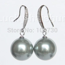 Ry00398 14 мм Круглый Серый Южное море раковинный Серьги серебра 925 крюк 5.5