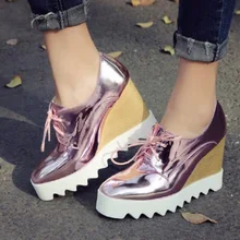 Bling Patent Leather Oxfords 2016 Wedges Gold Silver Platform Shoes Woman Casual Creepers Pink High Heels High Quality DXM0827
