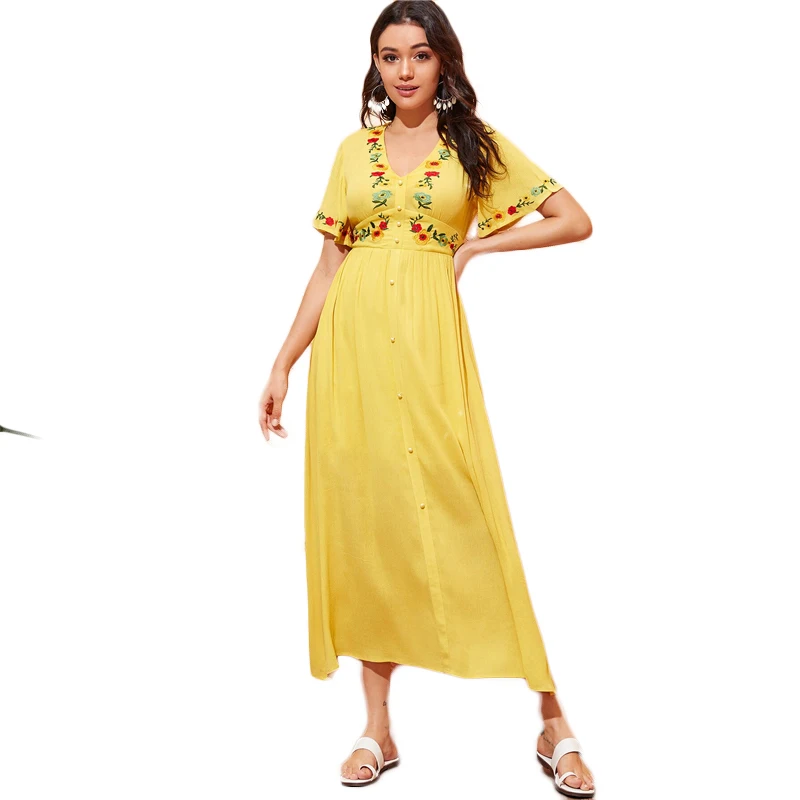 Шеин вышивка цветочный принт Высокая талия чайное платье желтая кнопка спереди глубокий v-образный вырез короткий рукав-Волан Boho A Line женское платье