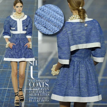 

140 wide trend bright silk cotton + blue small mushroom imported off for Ladies Blue and white weave cloth suit coat fabrics