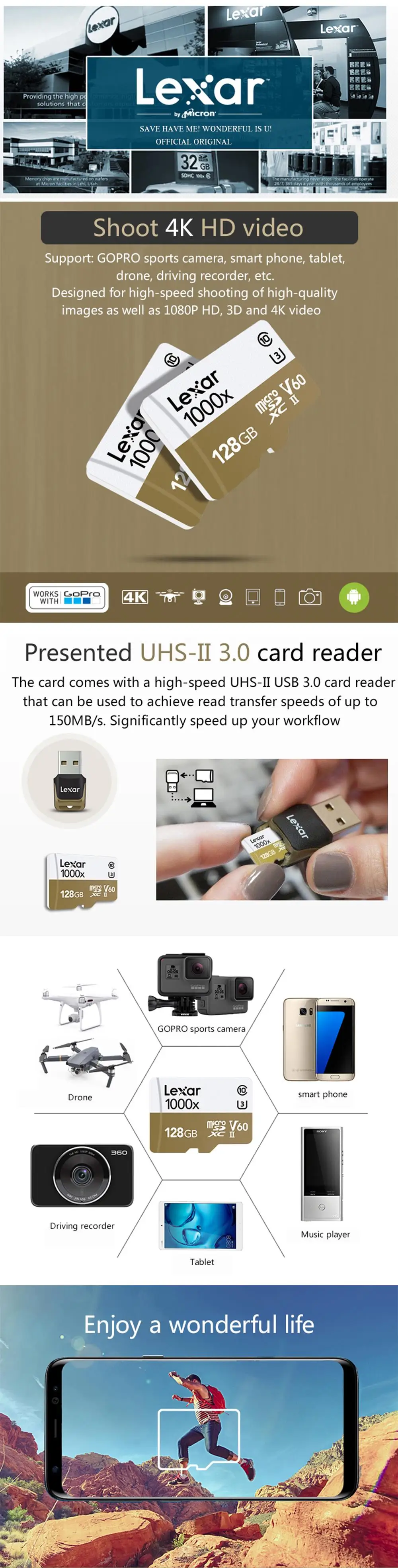 Lexar 150 МБ/с./с 1000x Micro SD карта 32 Гб класс 10 64 ГБ micro SDXC 128 ГБ tf карта памяти UHS для дрона спортивная видеокамера