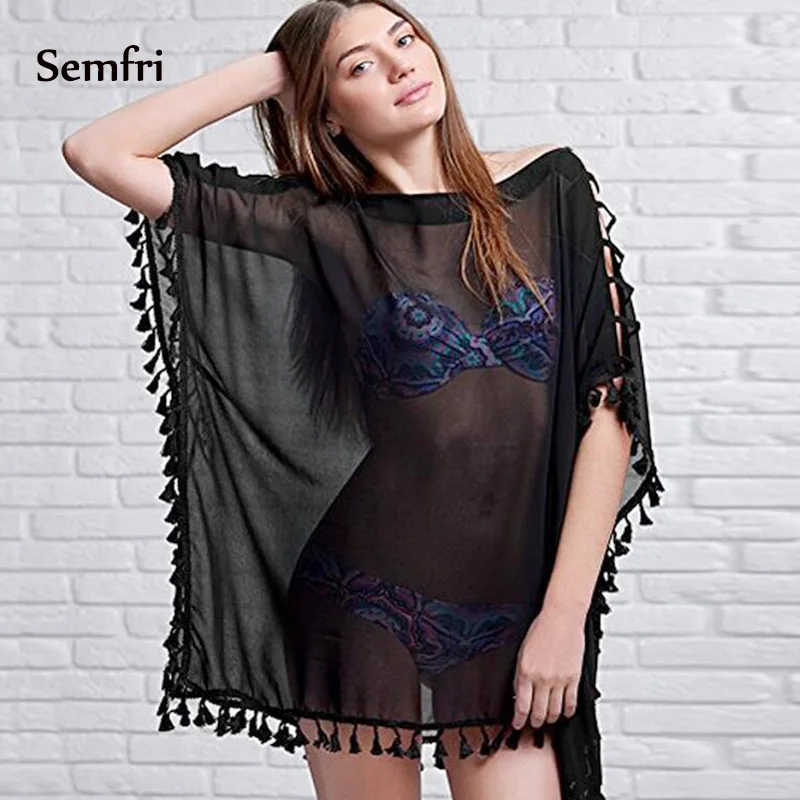 Sempi шифоновая блузка пляжная одежда с бахромой 2019 женский купальник закрытой