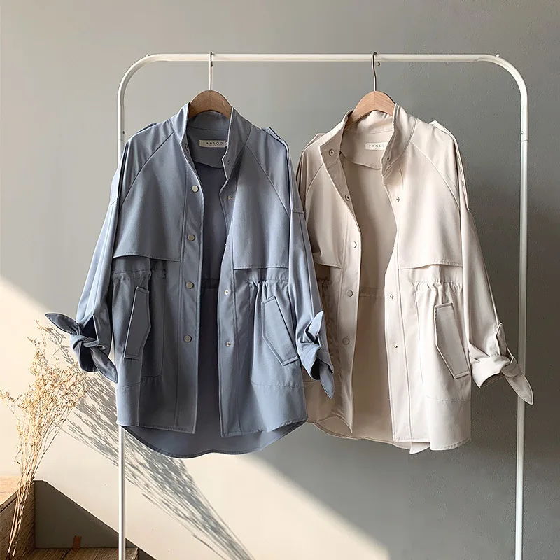 Fashion Trench Coat Female Autumn Windbreaker Drawstring Casual Loose Safari Clothes Stand Collar 2020 Spring Women Short Trench