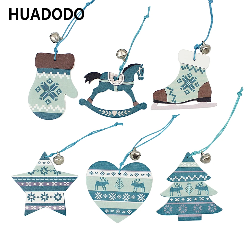 

HUADODO 3Pcs Printing Wooden Christmas Pendants Ornaments with bells Xmas Tree Ornament Christmas Party Decorations Kids Gift