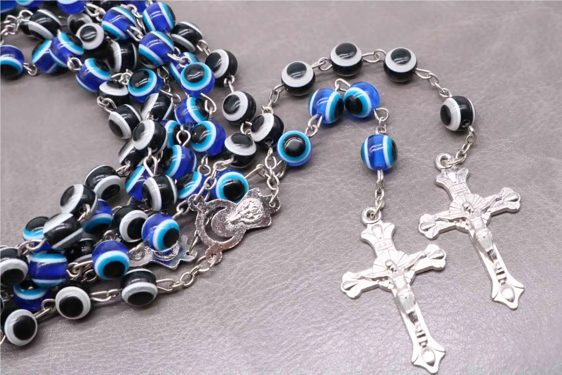 

8mm Turkish Jewelry Blue Eye Necklace for Men/Ladies Fashion Necklace Saint Benedict Rosary Cross Long Necklace