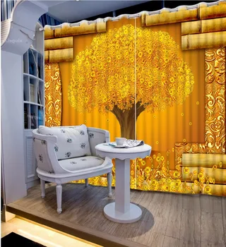 

Creative 3D Photo Curtains gold tree Curtains For Living Room Bedroom Modern Fashion Hotel Office Wall Window Treatments Drapes