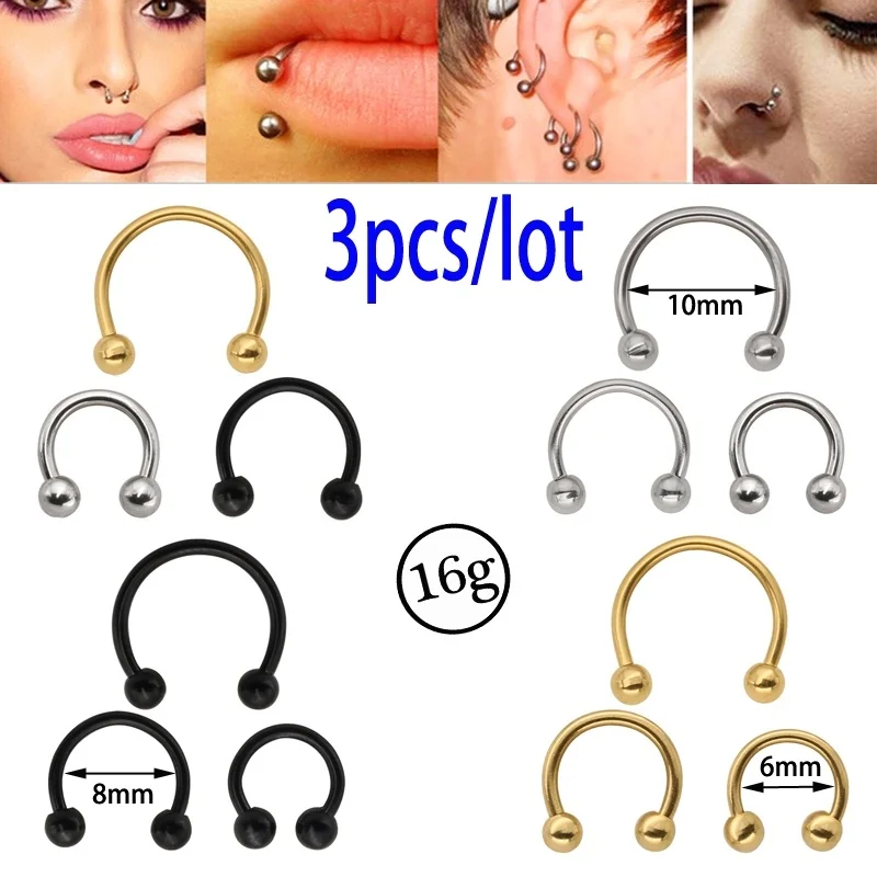 

3PCS/LOT Stainless Steel Nose Eyebrow Labret Cartilage Tragus Helix Earring Horseshoe Rings Hoops 16g Black Gold Silver