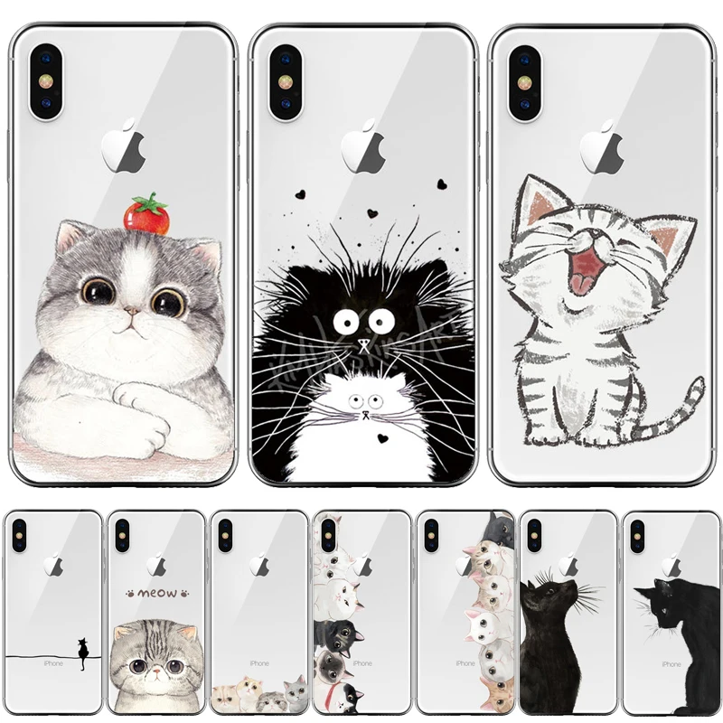 

THREE-DIAO Cute Animal cat Case For iPhone X 6 7 8 Plus 5 5S SE 4 4S Transparent Soft TPU Case For iPhone X XS Max XR 7 Coque