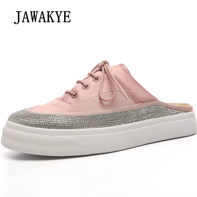 

2018 Bling Bling Rhinestone Slipper Women Round Toe Lace Up Thick Bottom Gladiator Sandals Woman luxury Silk Flat Shoes