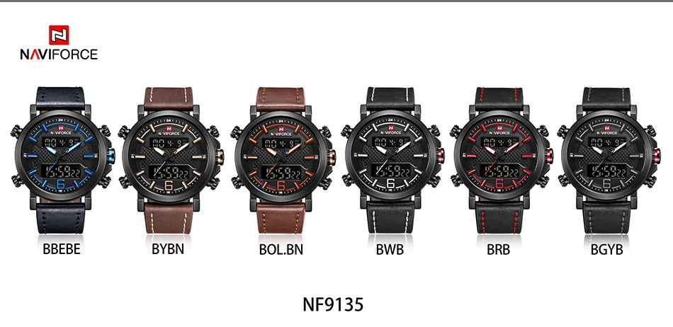 NAVIFORCE Mens Sports Watches Men Quartz LED Digital Clock Top Brand Luxury Male Fashion Leather Waterproof Military Wrist Watch