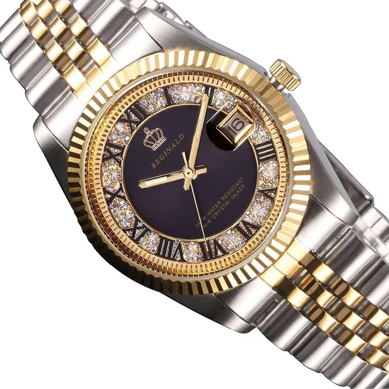 

Classic REGINALD Datejust Quartz Watch Men Fluted Bezel Vintage Roman Dial Full Stainless Steel Luminous Clock