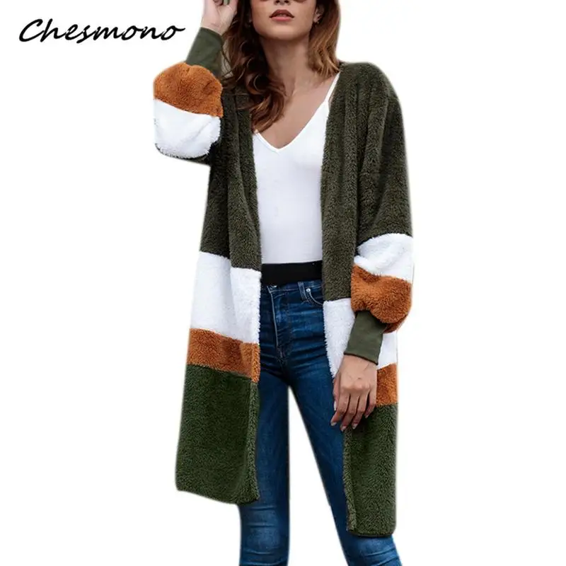 

Fashion Women Long Cardigans Autumn Winter Faux Fur Coats Long Sleeve Contrast Color Stripes Plush Jackets Fur Coats Outwear