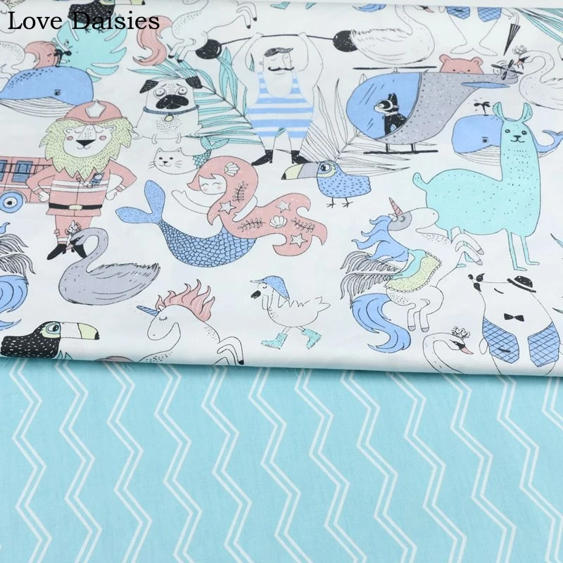 

100% cotton twill cartoon nordic wind alpaca mermaid unicorn swan blue chevron fabric for DIY kid bedding cushion handwork decor
