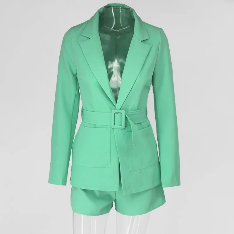 COSYGAL куртка+ шорты, Женский комплект 2 шт., зеленый пояс, на шнуровке, комплект из двух частей, Клубные комбинезоны, сексуальная летняя одежда для женщин - Цвет: Green