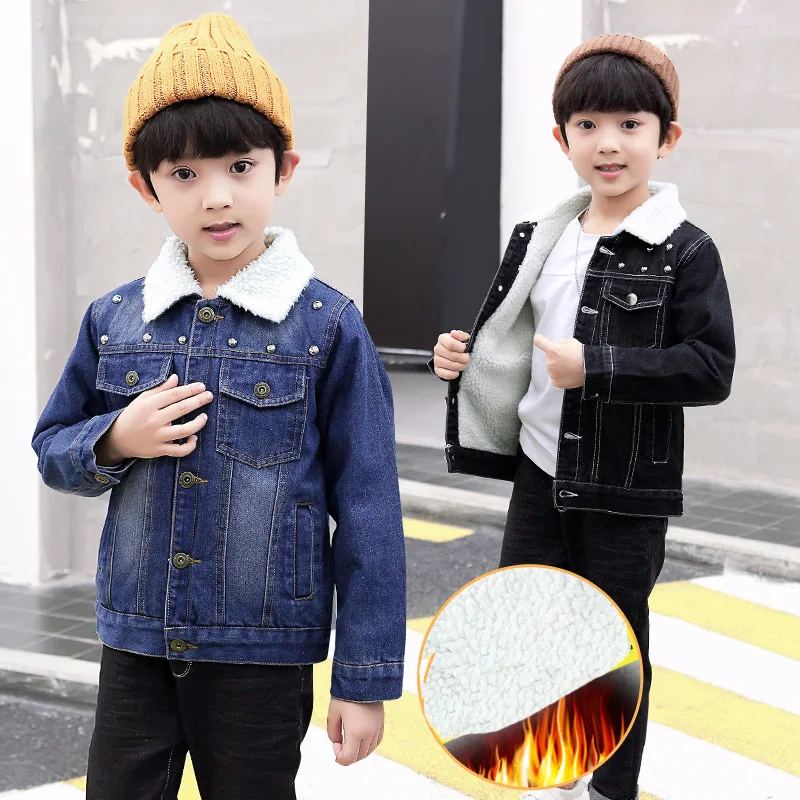 Фото Детская джинсовая куртка Повседневная Теплая Флисовая Куртка для мальчиков