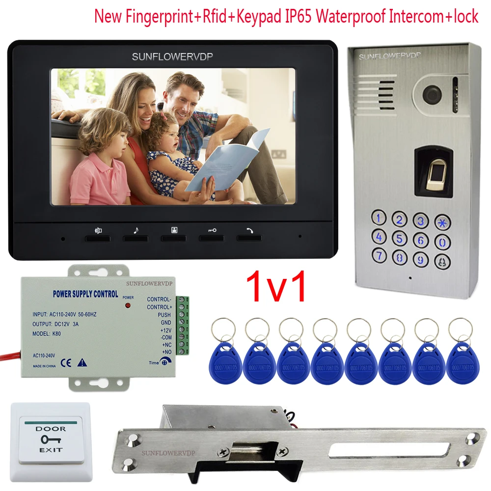 

IP65 Waterproof Video Doorbell Fingerprint Rfid Keypad Intercoms For A Private House 7" Color Monitor +Electric Strike Door Lock