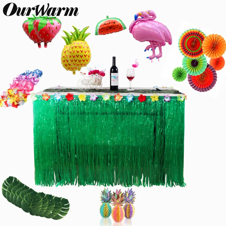 

OurWarm Summer Hawaiian Party Fake Palm Leaves Leis Flower Necklace Tableware Skirt Candy Gift Box Flamingo Party Decoration