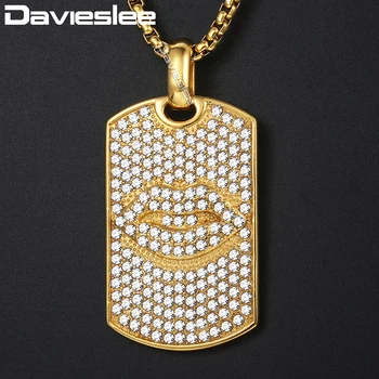 

Davieslee Mens Pendant Necklace Lip Pattern Dog Tag Iced Out CZ Gold Stainless Steel Pendant Necklace For Men Jewelry 3mm DKN588