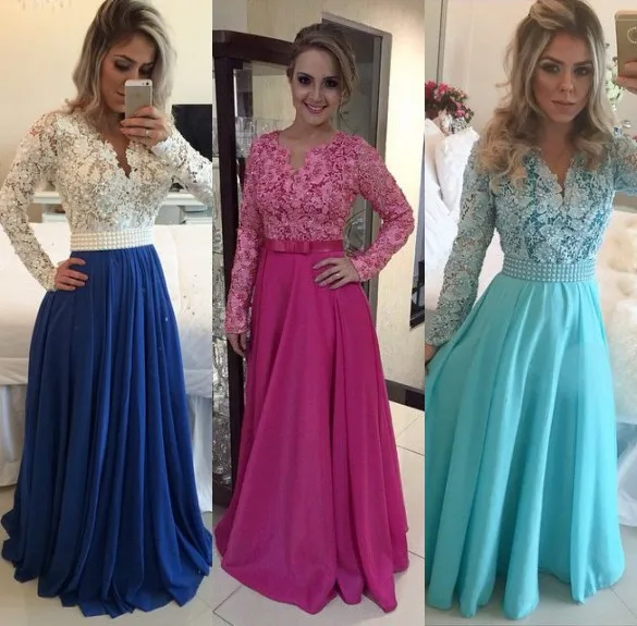 

Vestido de festa Real Picture Lace Long Sleeves Evening Dress Blue Coral Fuchsia Women Party Prom Dresses for Special Occasion