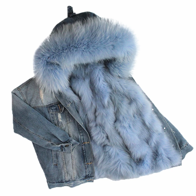 Женская одежда, Корейская джинсовая парка, зимняя куртка, пальто с натуральным мехом енота, воротник из настоящего толстого теплого лисьего меха, верхняя одежда - Цвет: light blue fox fur