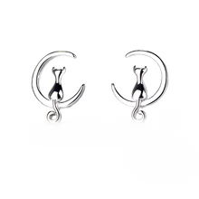 Милый Кот на серьги в форме Луны для женщин счастливый кот маленький 925 серебро цветная серьга ювелирные изделия oorbellen подарки на день рождения