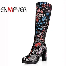 ENMAYER/модные зимние женские сапоги кожаные сапоги до колена на молнии с круглым носком высокие сапоги на квадратном каблуке Женская обувь на высоком каблуке