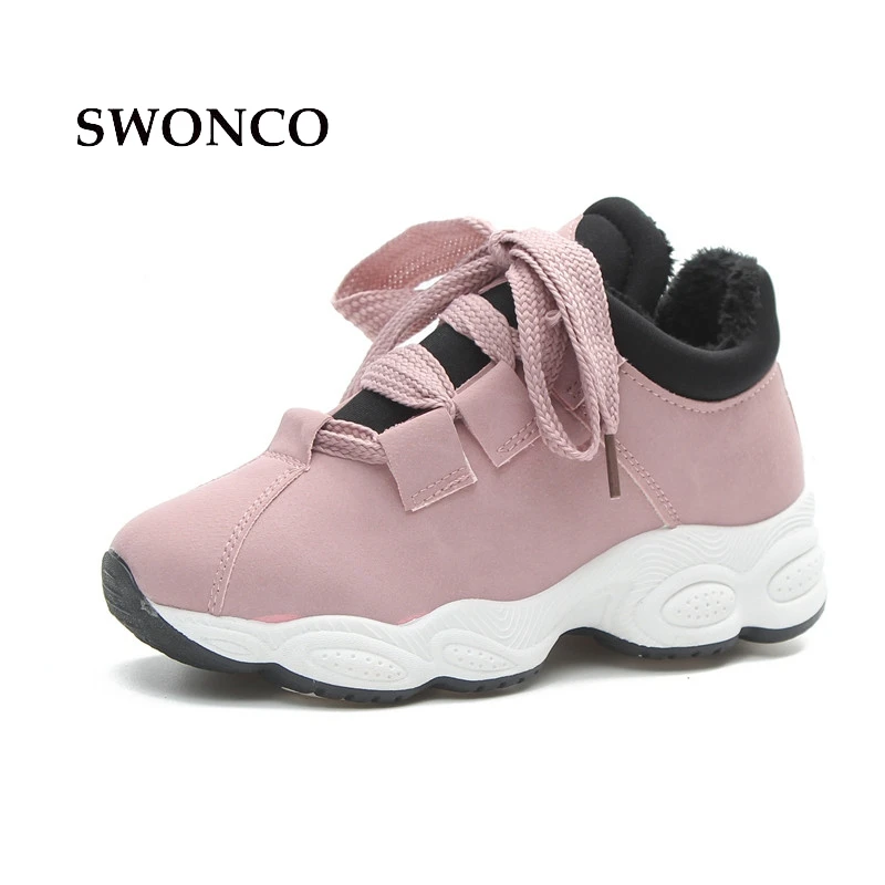 Женские зимние кроссовки SWONCO коллекция 2018 года кожаные с коротким плюшем теплая