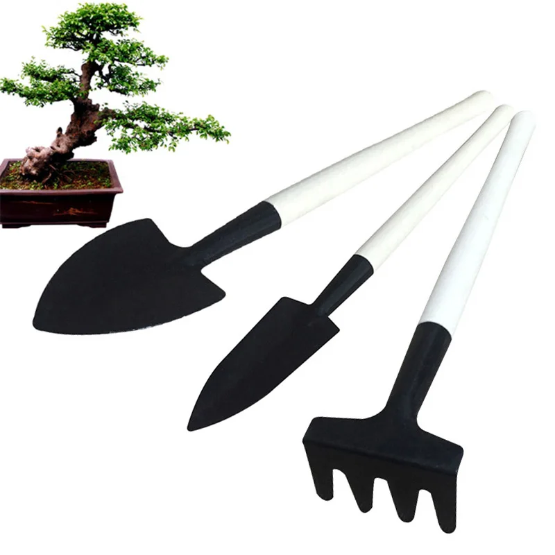 3 PCS Mini Metal Garden Handle Shovel Rake Set Weeding Tool Bonsai Flowers Pot Tool Set Metal Head Shovel Gardening Tools