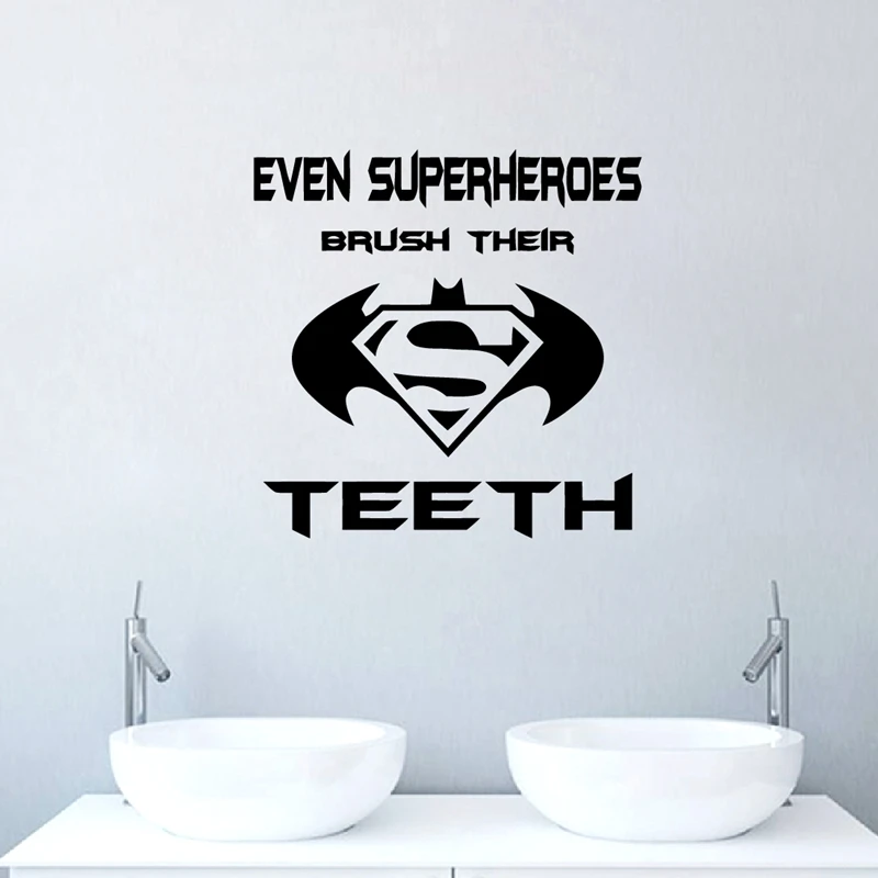 Even Superheros Brush Their Teeth Art Wall Decals Kids Bathroom Decor