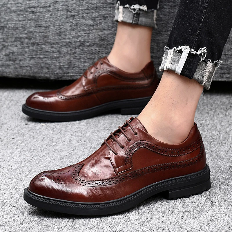 Clásico Los Genuino brown Zapatos Boda Cuero 2019 Para Formales Black Marrón Negro Hombres Zapato Y Moda Oficina Elegante Brogue Hombre De Vestir 1qqE08w