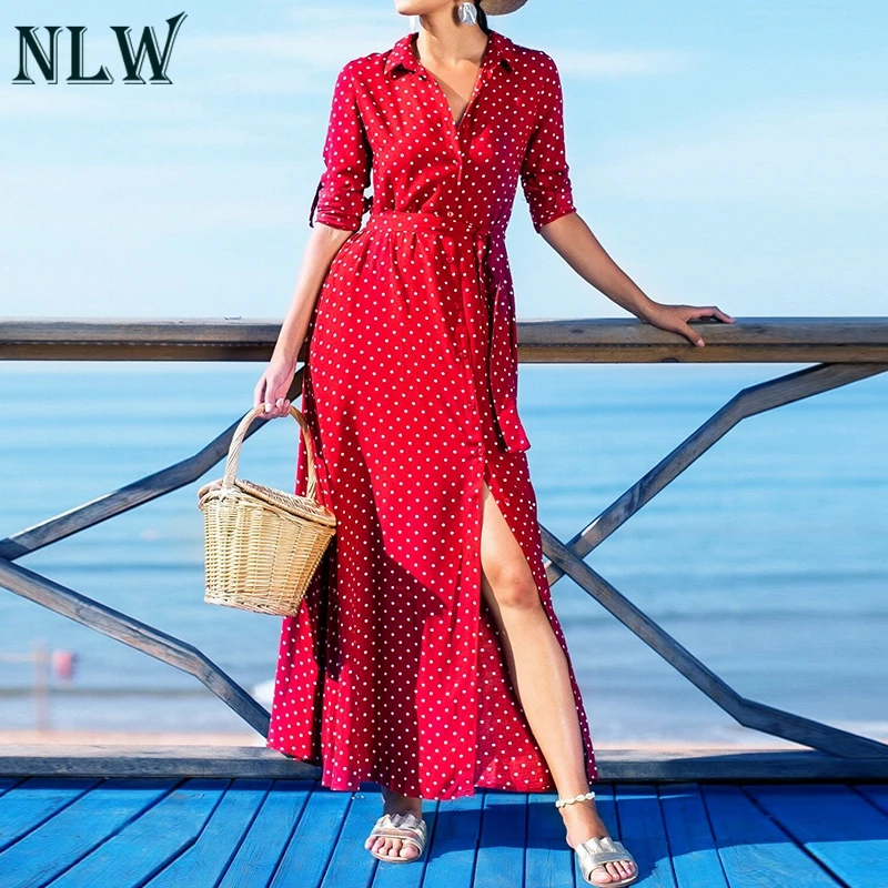 

NLW Casual Polka Dot Long Dress Women Summer Elegant Stand Collar High Waist Maxi Dress Split Sashes Dress Plus Vestidos