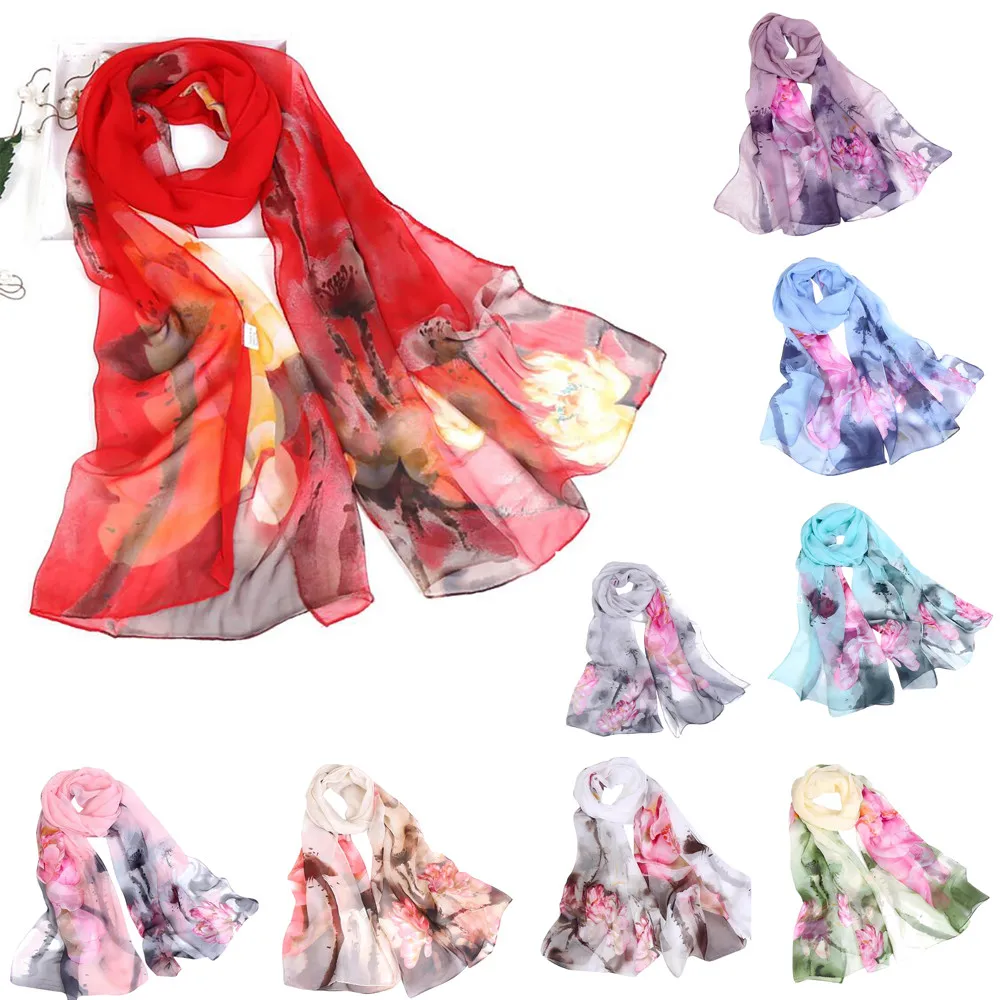 

Fashion autumn femme silk Scarves silk scarf scarf women floral Lotus Printing Long Soft Wrap Scarf Ladies Shawl veil