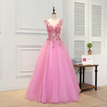 

ruthshen Pink Puffy Ball Gown 2019 Appliques Flowers Quinceanera Dresses V Neck Robe De Bal 15 Sweet Sixteen Debutante Gowns